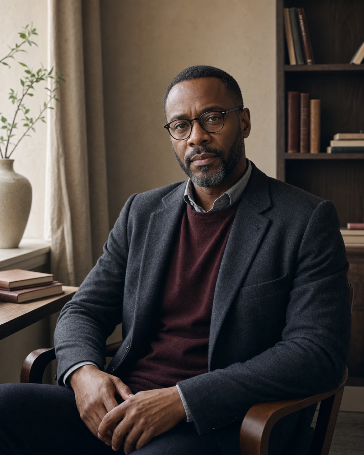 Fictional psychologist Elias Morgan in an editorial-style office portrait