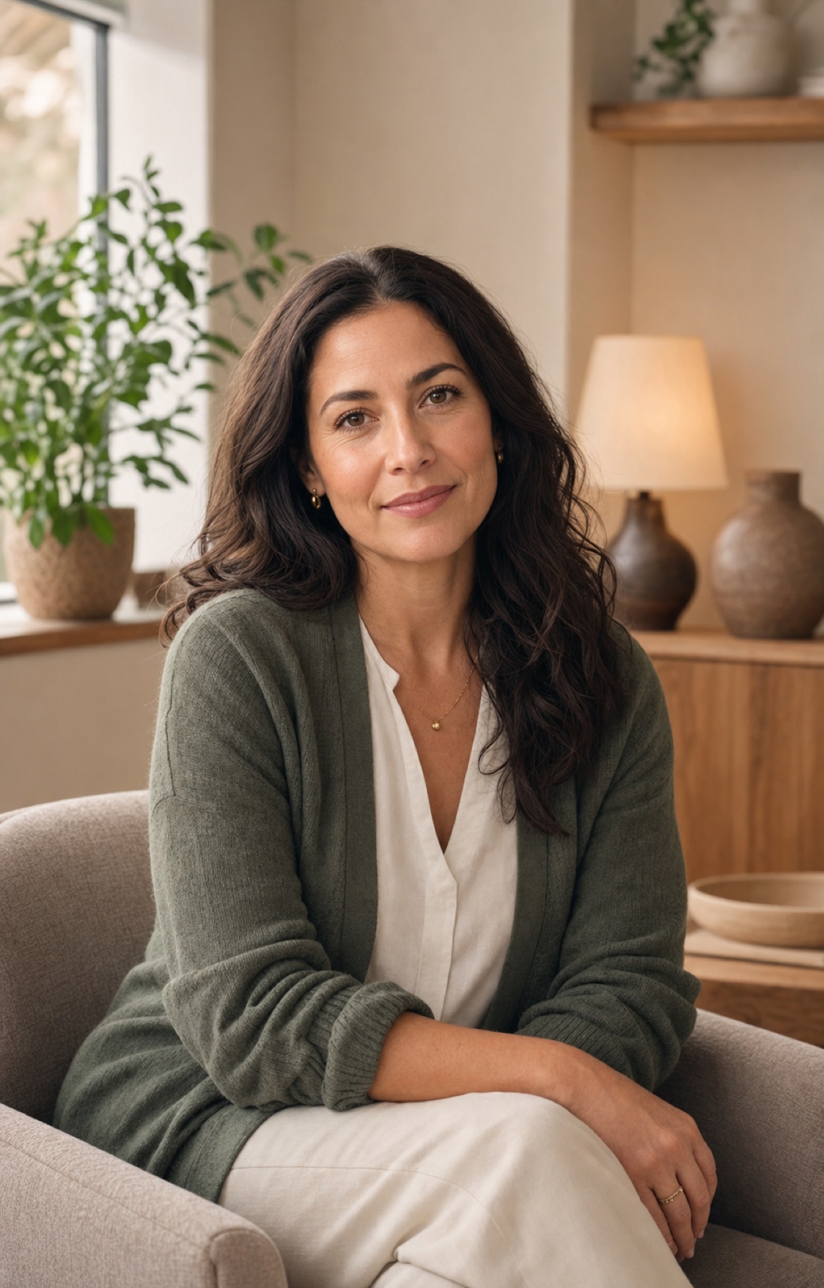 Fictional therapist Maya Bennett in a warm, light-filled office