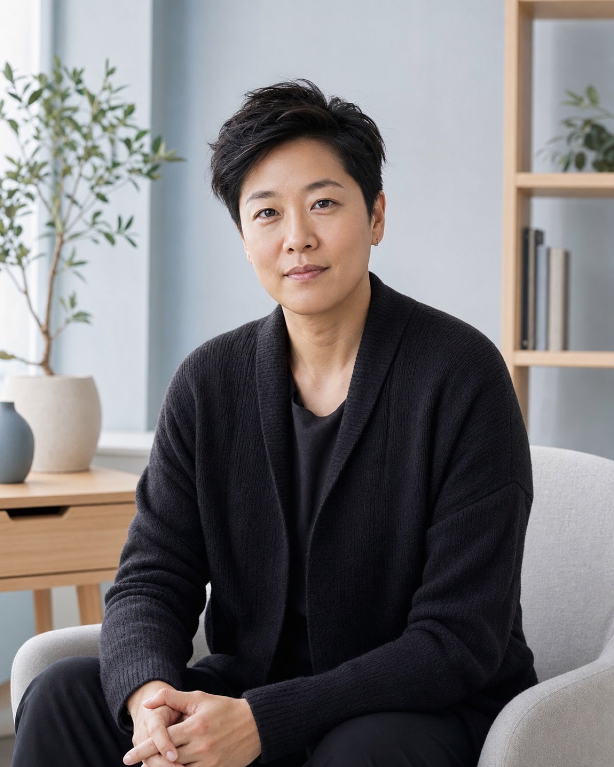 Fictional therapist Jordan Lee in a calm contemporary office