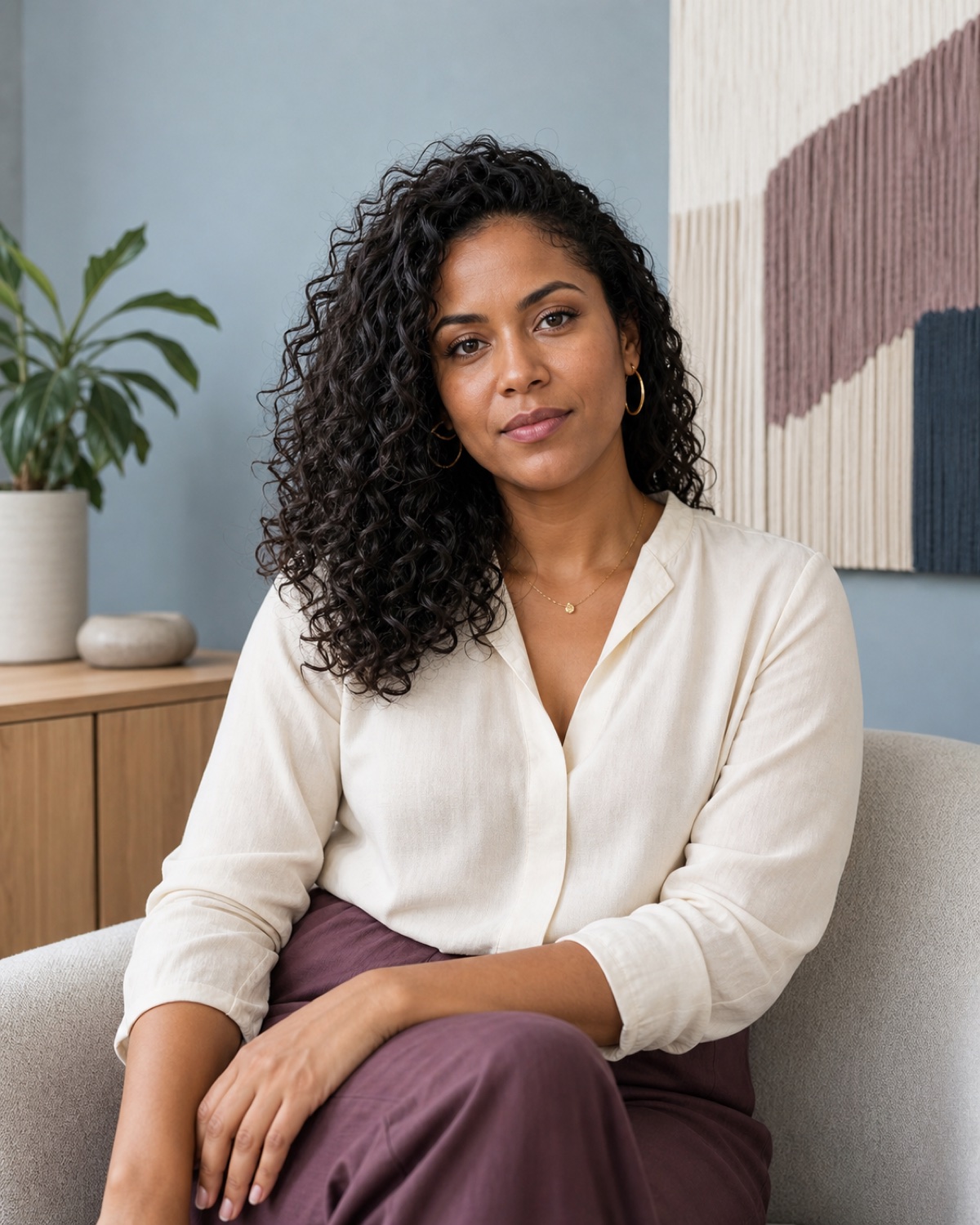 Fictional therapist Nia Alvarez in a calm contemporary office